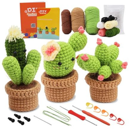 ARHZ Kit de Crochet para Principiantes, Kit de Amigurumi de Cactus DIY, con Instrucciones en Video Paso a Paso, Pasatiempo Creativo para Adultos y Niños