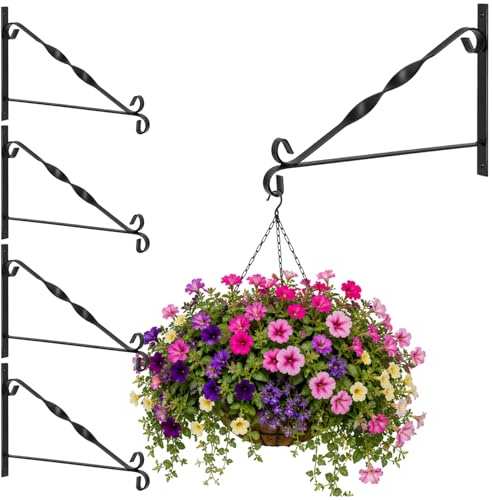 com-four® 4X Wall Bracket Made of Powder-Coated Steel, Hook for Flower Pot, Garden, Wind Chimes, Hanging Basket, with Screws and dowels (4 Pieces - Turned)