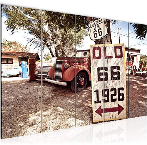 Runa Art Wandbild XXL Auto Route 66 Wohnzimmer 200 x 80 cm Bunt Rot 5 Teilig - Made in Germany - 609855a