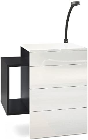Vladon Nachttisch Queens, Made in Germany, Nachttischschrank mit 2 Schubladen und 1 seitlichem Fach zur Wandmontage, Schwarz matt/Weiß Hochglanz, inkl. LED Flexi Lampe schwarz (60 x 63 x 36 cm)