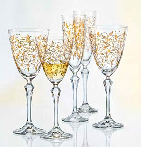 Bohemia Weißweingläser Kristall, Weinglas, Model Leaves Gold, Gold Gravur, 6er Set, 250 ml