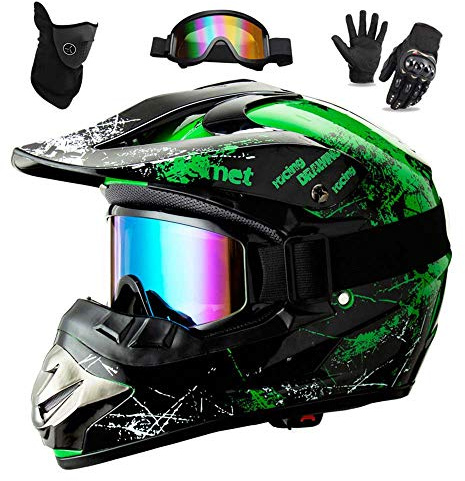 WEITY Motocross Helm Set mit Brille Handschuhe Gesichtsmaske, für Kinder und Erwachsene, Full Face AVT MX Motorradhelm für Downhill Offroad Enduro Scooter Sport tification (Grün,S)
