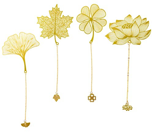 SAVITA 4 Stück Metall Lesezeichen mit Kette, Hohles Lesezeichen Blatt Lesezeichen mit Lotus Ginkgo Ahorn Vierblättriges Kleeblatt Muster, Blumen Lesezeichen für Buchliebhaber (Golden,4 Stile)