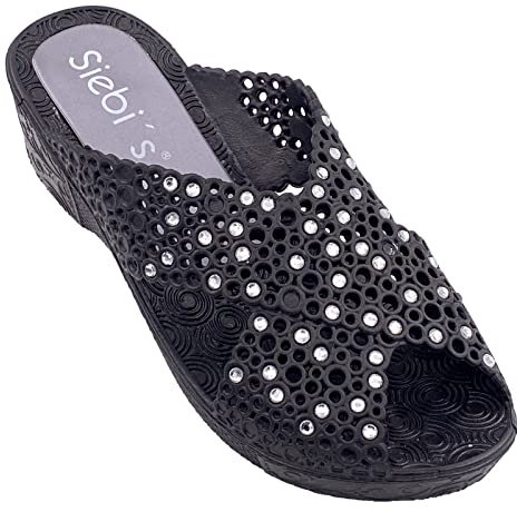 Siebi's Ciabatte da bagno da donna • Thira • buona tenuta • con tacco da donna • vestono piccole, Nero , 38 EU X-Stretta