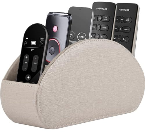 RHCSZ PU Leather Remote Control Holder,TV Remote Caddy/Box with 5 Compartments,Bedside Table Organizer for Controller,Glasses,makeup brushes,jewelry and Media Player,Pen/Pencil Storage (Cream)