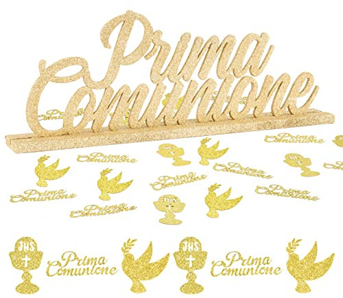 BETESSIN Decorazione Comunione Bambini Centrotavolo Scritta Prima Comunione Oro Glitter Legno 60pz Coriandoli Calice Piccione Decorazione Tavolo Festa Bomboniere Prima Comunione