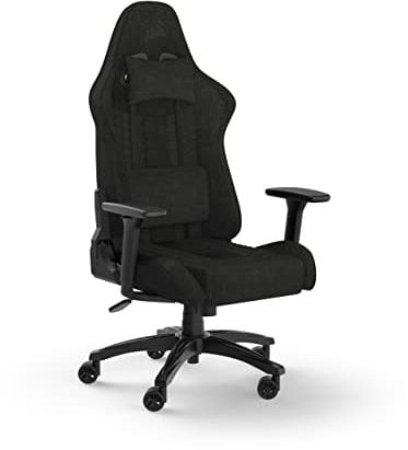 Corsair TC100 Entspannter Gaming-Stuhl – Stoff – Racing-inspiriertes Design – Lendenkissen – abnehmbares Nackenkissen aus Memory-Schaum – verstellbare Sitzhöhe – verstellbare Armlehnen – Schwarz