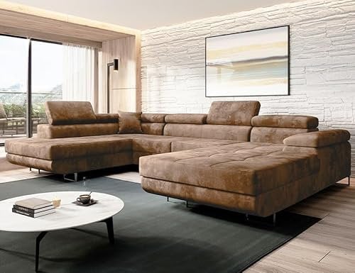 Moderno Ecksofa mit Schlaffunktion und Bettkasten VARBERG - Sofa mit Robusten Überzug - Schlafcouch U-Form - Modern Couch - 72x345x205 cm - Links Beige