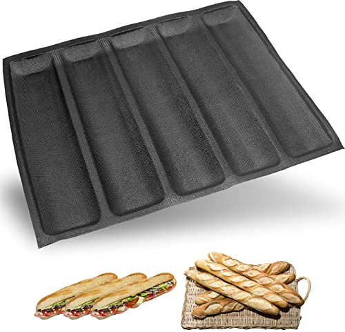masteymoh Baguette Pan, Hoagie Rolls Pan, 5-Cavity French Bread Baking Pan, Loaf Pans for Baking Bread Sub Sanwich Bread, with Pinholes for Better Air Circulation, Soft Foldable for Easy Storage