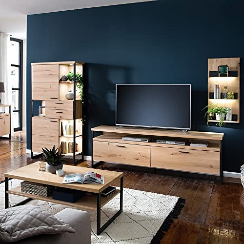 Lomadox Wohnwand Set mit Couchtisch, Eiche Bianco geölt, inkl. LED Beleuchtung