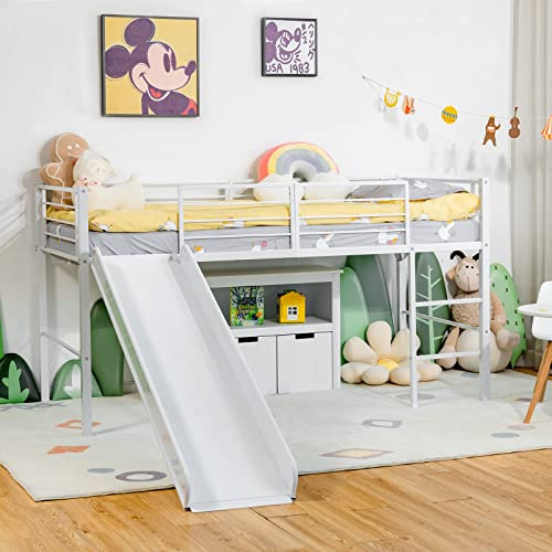 COSTWAY Hochbett mit Rutsche und Leiter, Kinderbett mit Lattenrost & Rausfallschutz, aus Metall, für Jungs & Mädchen, 198 x 96 x 109 cm, Weiß