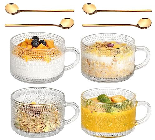 KKGUD 4 Pack Sunlower and Dots Pattern Textured Drinking Glasses, 14oz Glass Coffee Mugs with Spoons (Without Wood Lid)