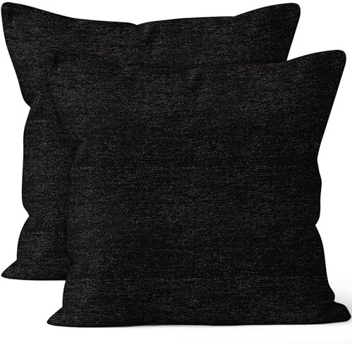 Encasa XO Feine Chenille-Kissenbezüge 2-teiliges Set - Black 1-40x40 cm Strukturiertes, einfarbiges, weiches und glattes dekoratives Kissen mit quadratischem Akzent für die Couch