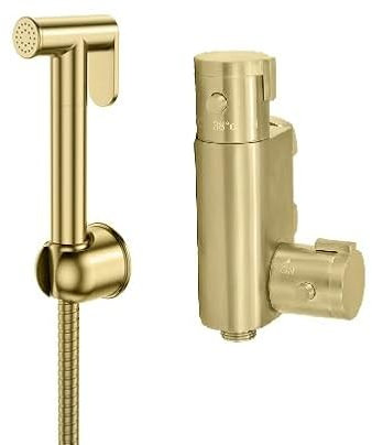 Brushed Brass Bidet Thermostatic Douche Valve and Spray Toilet, Spray Brass Bathroom Round Bidet Douche Kit