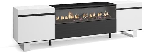 Skraut Home | TV-Schrank, Lowboard | für Wohnzimmer und Esszimmer | 200x57x35cm | Für TV-Geräte bis zu 80 | Elektrokamin. Maße | Industriedesign | Moderner Stil | Weiß und Schwarz