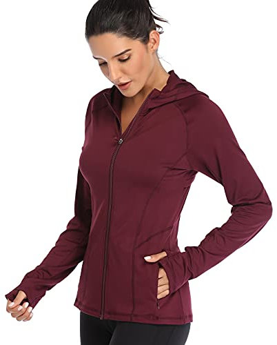 VUTRU Veste de course à col haut pour femme, légère, à manches longues, pour le yoga, le fitness, veste de survêtement respirante avec trous pour les pouces et fermeture éclair intégrale, rouge, XL