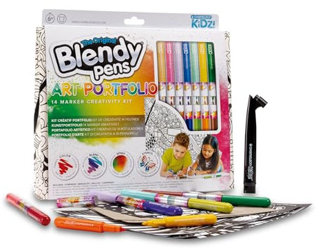 Famosa - Mallette créative avec marqueurs Blendy Pens pour faire des dégradés, 14 couleurs avec pochoirs et un aérographe, pour garçons et filles de 6 ans et plus