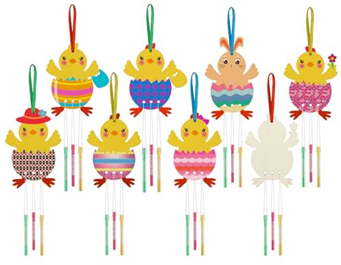 SRIZIAN 8 Stück Windspiel Bastelset Kinder, Osterküken Holz Basteln Windspiele für Kinder Mädchen Junge Geburtstagsfeier Oster Dekoration DIY Kinderspielzeug