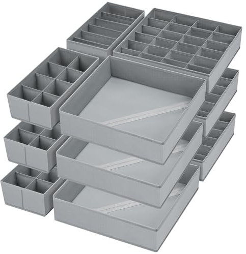 DIMJ 12 Stück Schrank Organizer Schubladen Organizer, Faltbare Aufbewahrungsbox Stoff, Schubladeneinsätze für Kleiderschränke, Kleiderschrank Organizer für Kleidung, Hellgrau