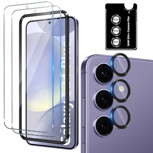 Funrae Verre Trempé pour Samsung Galaxy S24+ / S24 Plus avec Caméra Arrière Protecteur [2+1 PCS], Protection Objectif Caméra Individuel pour Tout Coque，Dureté 9H HD Glass Film de Protection d’écran