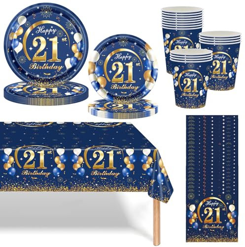 Navy Blue Gold 21st Birthday Party Tableware Set - 69pcs Dinnerware With Plates, Cups, Napkins, Tablecloth for Women Men 21 Years Old Gifts and Party Supplies