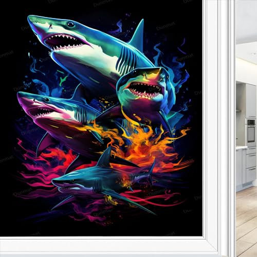 Película para ventana de cristal estilo cómic, diseño de tiburón, fantasía, animales marinos, océano, película de privacidad para ventana, cubierta de puerta de vidrio, pegatinas no adhesivas para