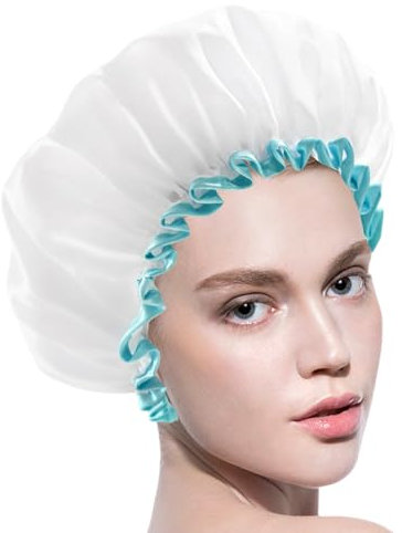 1 bonnet de douche pour femme - Bonnet de douche imperméable pour femme - Bonnet de douche pliable et élastique - Blanc