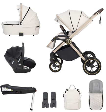 Babymore Kai Travel System with Pecan i-Size Infant Car Seat - Safety Tested 3 in 1 Pram Travel System with Isofix Base & All Accessories, Flip and Fold System, 0-4 Years | Up to 22 Kg - Sandstone