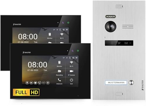 Balter EVO-HD Video Türsprechanlage, Video Türklingel, 1 Familienhaus Klingel, 2X 7 Zoll HD-Monitore, Full HD-Kamera, 2 Draht Bus, Gegensprechanlage mit 175° Weitwinkel-Kamera
