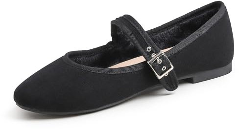 Feversole Women's Soft Cushion Extra Padded Comfort Round Toe Mary Jane Metal Buckle Fashion Ballet Flats Walking Shoes Black Corduroy Short Plush Lining UK Size 5