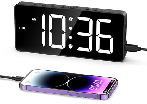OQIMAX Digital Alarm Clock, 7”Large Display Bedside Clock, 5 Levels Adjustable Brightness Alarm Clock with Date, 12/24H, USB/Battery Powered Desk Clock with 3-Levels Volume, 4 Alarm Modes, DST