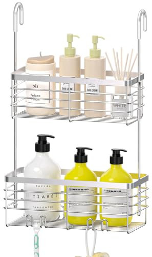 DELLAN Organizador de ducha colgante, estante de ducha de 2 niveles con ganchos sobre la puerta, organizador de ducha de baño y cesta