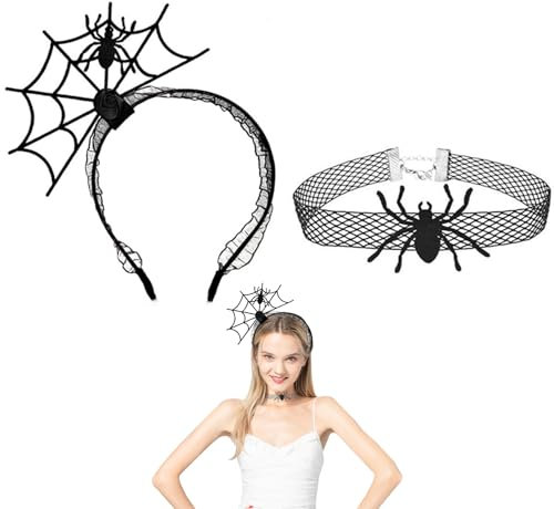 2 Stück Halloween Haarreif,Halloween Accessoires Damen Kostüm Spinne Haarreifen Spinnen Haarschmuck Erwachsene Kopfschmuck Spinnenkostüm Zubehör Spinnennetz Stirnband Halskette,für Hexen kopfbedeckung