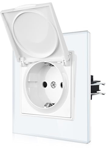 CNBINGO Wasserdicht Einzelsteckdose mit Deckel - Schuko Steckdose mit Krallen - Einzel Wandsteckdose mit Glasscheibe - EU-Standard Steckdose Unterputz mit Klappdeckel - 1 Fach Weiß