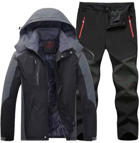 Tuta da sci da uomo, set da 2 pezzi, tuta da neve da uomo, per attività all'aria aperta, antivento, con cappuccio, traspirante, pantaloni da neve e giacca in softshell, per sci, snowboard, Nero , XL