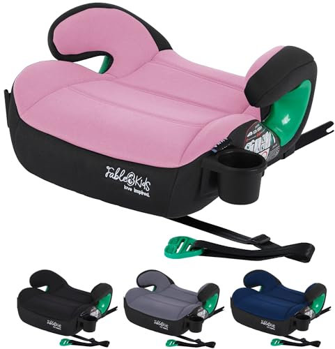 FableKids Sitzerhöhung Auto Kinder Isofix | 3-Punkt-Sicherheitsgurt | Kindersitzerhöhung bis 5 Jahre | Autositz für Kinder 125-150cm mit Becherhalter | ECE R129/03 | Pink