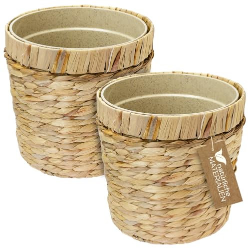 HMF Innovativer Blumentopf geflochten aus Wasserhyazinthe, mit Pflanztopf aus nachhaltigen Rohstoffen, Rund | 2er Set | 25 cm Durchmesser
