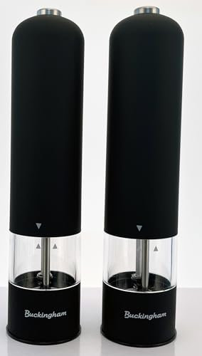Buckingham Electric Salt and Pepper Grinder Set Met Black Ceramic Grind Soft Touch Push Button Battery Operated Adjustable Spices Grinders Mechanism