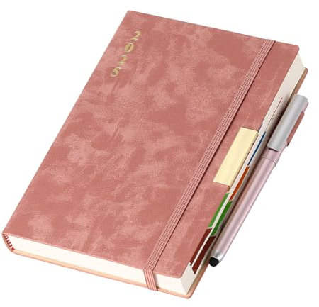Terminplaner 2025, A5, Seite pro Tag, Terminplaner 2025 von Januar bis Dezember, Ganzjahresplaner 2025, Hardcover-Tagesplaner mit bunten monatlichen Registern, Stift (Rosa)