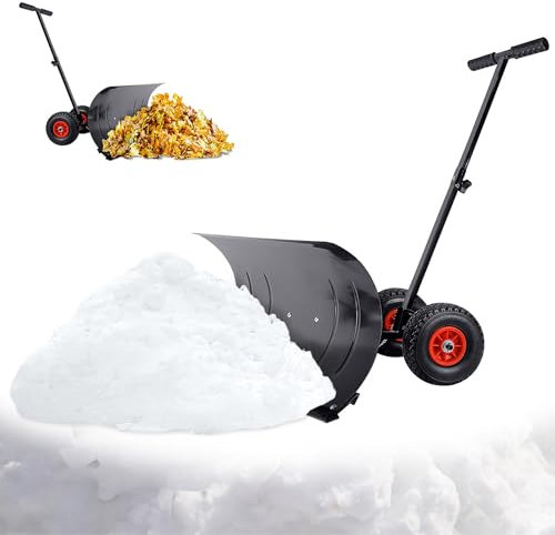 QEENTOE Schneeschaufel auf Rädern Höhenverstellbar Mit Komfortable T-Griff Schneeschieber für Outdoor Schneeräumen Schneeräumung Schneeschild Schneeschieber Metall Snow Shovel