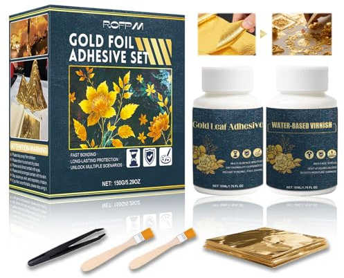 ROFPM Gold Leaf Gilding Adhesive Set, Gold Leaf Sheets Kit, 100ml Metal Leaf Glue and Varnish, Sheets 100 PCS, 2g Silver Foil, 2 Brushes for Craft, Painting, Arts, Furniture, Decoration (50ml)