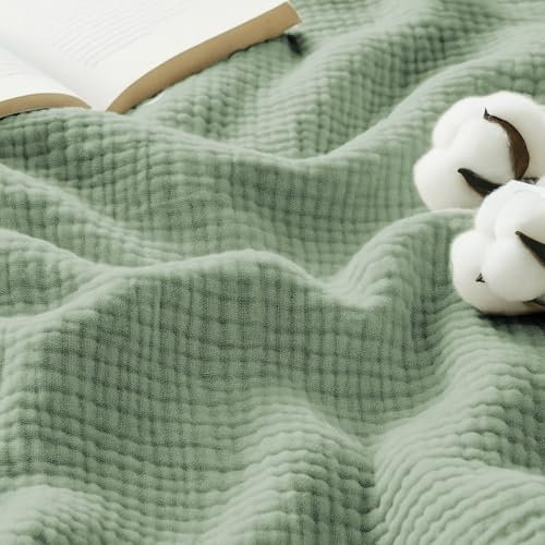 Lanqinglv Musselin Kuscheldecke 220x240cm Baumwolle Decke, 4-Lagig Musselin Sommerdecke Grün Tagesdecke Oeko-Tex zertifizierte, Wohn- & Kuscheldecke für Couch und Sofa,Bett-Überwurf,Baumwolldecke