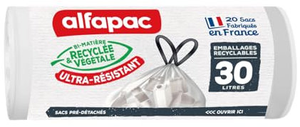 alfapac - 20 sacs-poubelle 30L à lien coulissant - tri des emballages recyclables - transparent - fabriqués en France - bi-matière recyclée & végétale