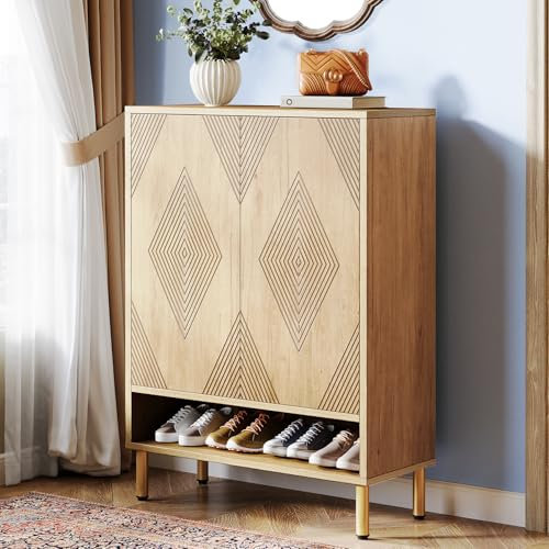 Tribesigns 7-stöckiger Schuhschrank, Schuhregal Schuhkommode mit 2 Türen, 24 Paar Bauernhaus-Schuhschrank mit verstellbaren Regalen,Holzregal Organizer für Eingangsbereich, Flur, Wohnzimmer(braun)