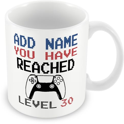 MUGGZ -30th Birthday Personalised Gamer Mug (11oz) PS5 Style - You Have Reached Level Custom LevelUp Mug Gift for Men/Women- Add Any Name - Novelty Video Game Controller Design Gifts for Him or Her