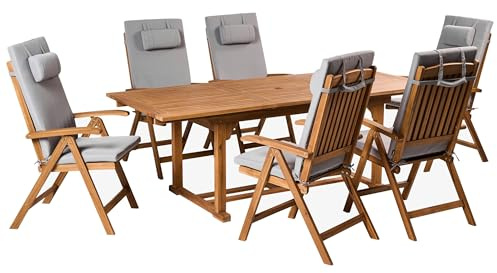 Beliani 6 Seater Garden Dining Set Acacia Wood Foldable Chairs Light Grey Cushions Java Premium