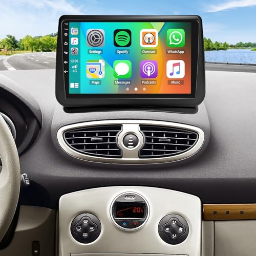 ikasus 2G+64G Autoradio für Renault Clio 3 2005-2014 Android 15 mit Wireless Carplay 9 Zoll Bildschirm Android Auto GPS Navi WiFi Rückfahrkamera FM AM RDS Radio Bluetooth Mirror Link Lenkradsteuerung