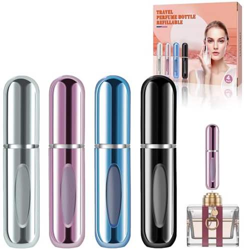 opasyo 4 Pcs Mini Refillable Perfume Portable Atomizer Bottle, 5ml Bottom-Fill Perfume Spray Scent Dispenser, Leak-Proof Travel Pump for Cologne, Aftershave & Purse (Silver/Pink/Blue/Black/)