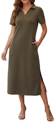 GRECERELLE Vestido polo largo para mujer, de verano, manga corta, grueso, antiarrugas, suave, con bolsillos, para uso diario y trabajo