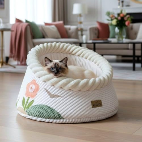 PRASKA Hide’IN Goody Garten Katzenbett Hundebett 50 cm – Komfort Premium Kuschelhöhle mit Fell & Stoff | Designbett mit floralen Applikationen | Weiches Haustierbett | Handgefertigt EU | Waschbar